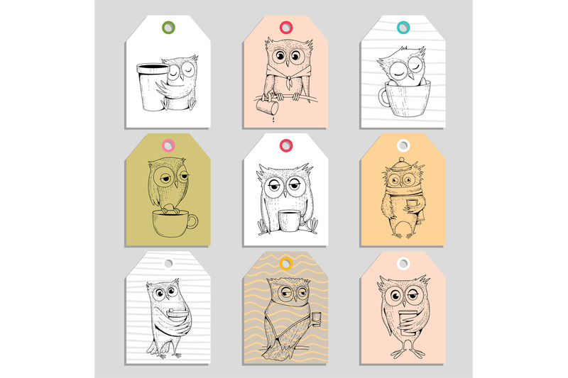 owls-cards-funny-birds-owls-in-various-poses-vector-tags-or-stickers