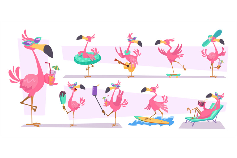 flamingo-pink-cartoon-birds-exact-vector-tropical-birds-flying-standi