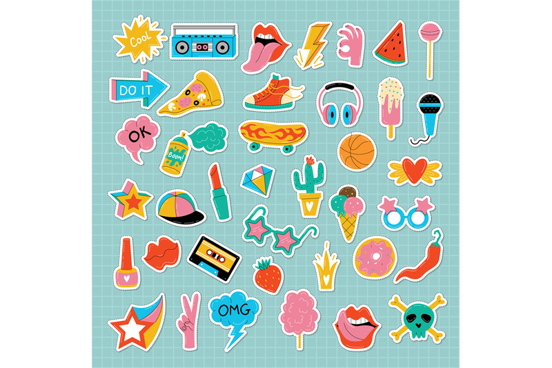 teenage-stickers-colored-fashion-retro-labels-doodle-set-recent-vecto