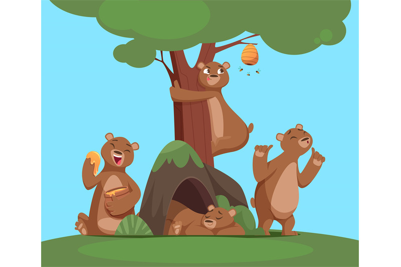 bear-group-funny-cartoon-bear-in-woods-eating-playing-sleeping-vecto
