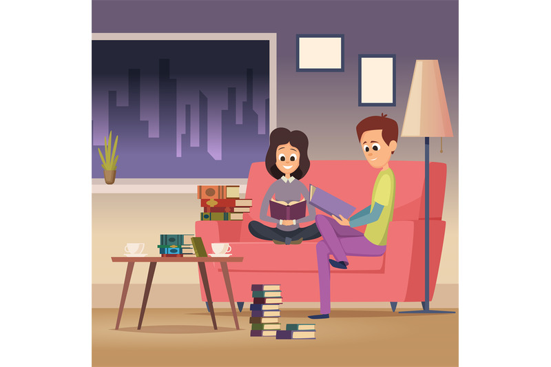 books-readers-man-and-woman-sitting-on-sofa-in-living-room-and-readin