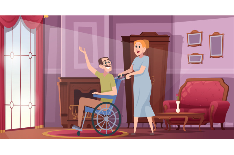 elderly-active-smiling-man-on-wheelchair-with-helping-woman-in-cozy-ro