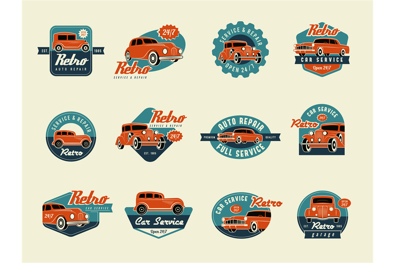 car-labels-retro-classic-badges-for-repair-car-service-recent-vector