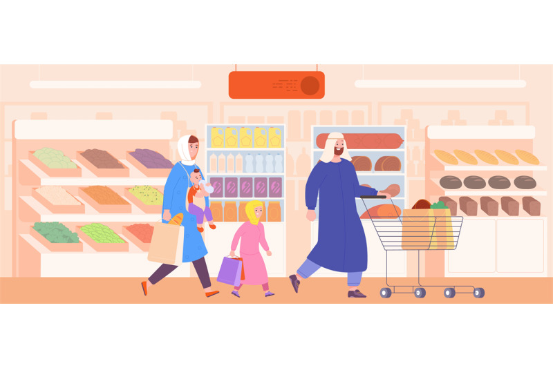 muslim-family-shopping-saudi-people-with-kid-holding-trolley-at-count