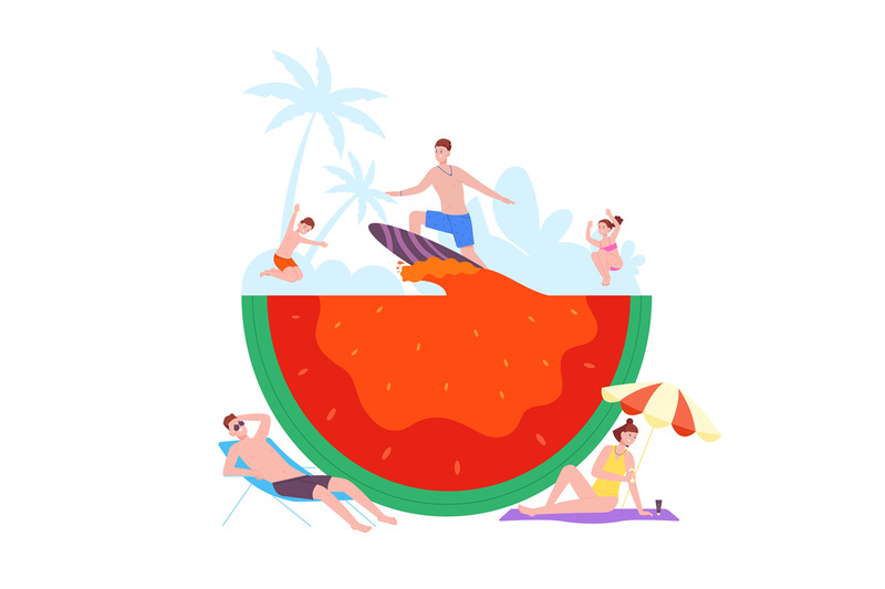 people-in-watermelon-pool-tiny-friends-with-beverage-cocktail-swimmin