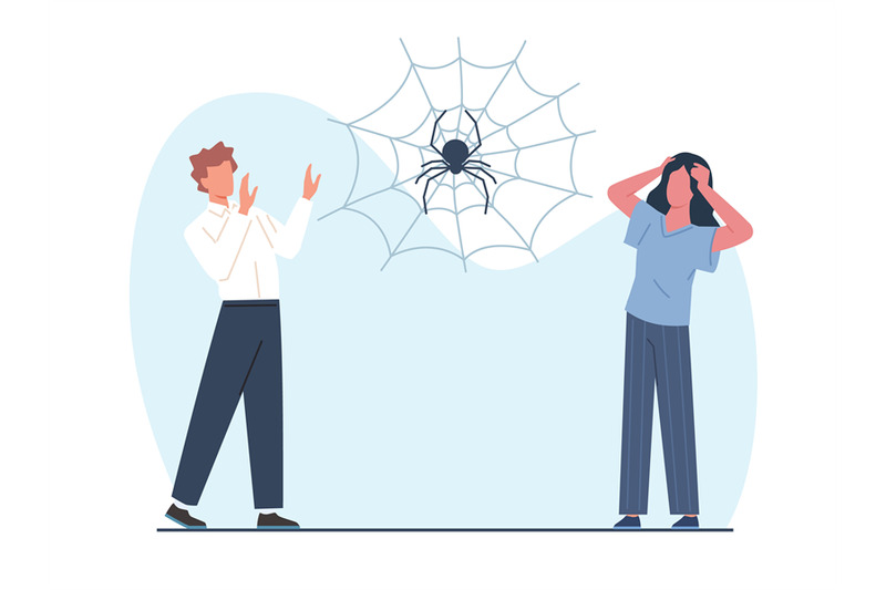 concept-of-arachnophobia-man-and-woman-scared-of-spider-insect-on-sp
