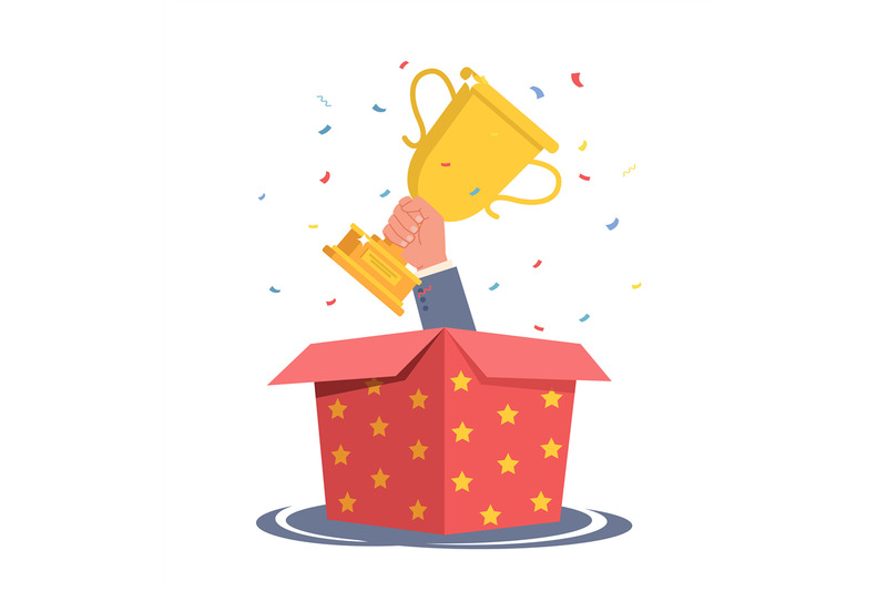 hand-with-gold-cup-sticks-out-of-open-red-gift-box-with-golden-stars