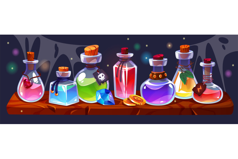 potion-bottles-on-wooden-shelf-alchemist-or-witch-magic-elixirs-in-di