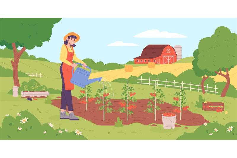 woman-watering-tomato-girl-in-hat-growing-vegetables-in-spring-garden