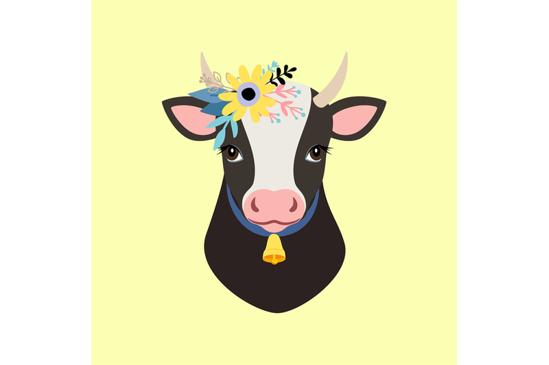 portrait-of-a-cow-with-a-flower-wreath-and-a-bell-isolated-animal-hea