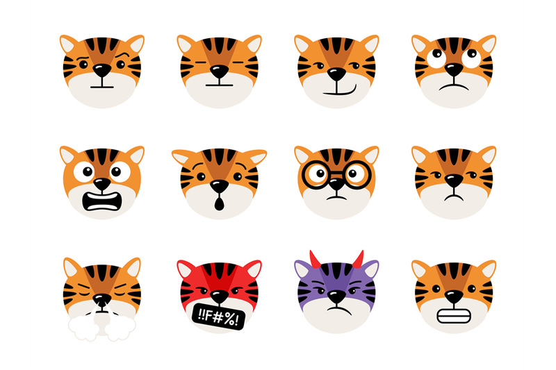 tigers-heads-with-emoticons-cartoon-characters-mascots-collection-c