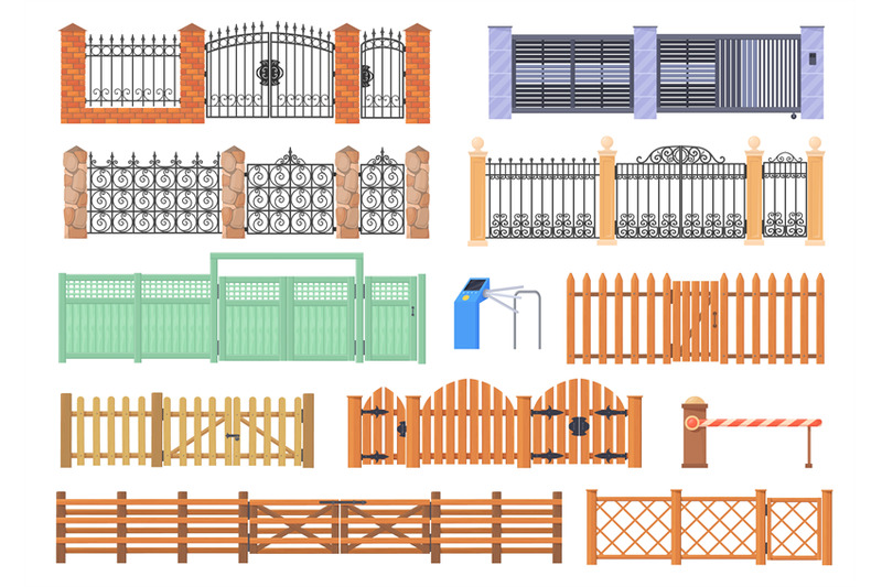 cartoon-gates-and-fences-rural-garden-house-gate-of-wood-steel-stone