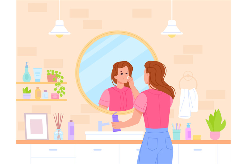 woman-skincare-at-mirror-home-routine-skin-care-women-in-bathroom-us