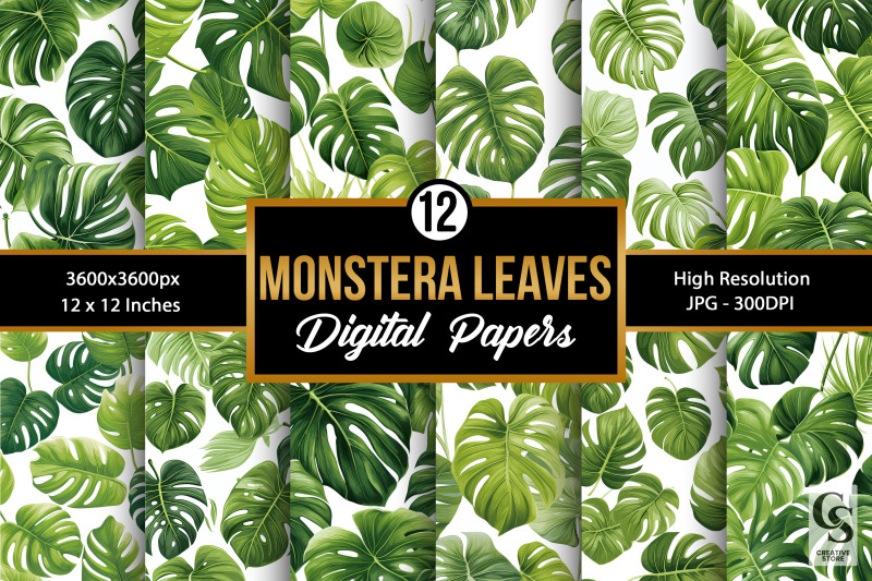 green-monstera-leaves-seamless-patterns