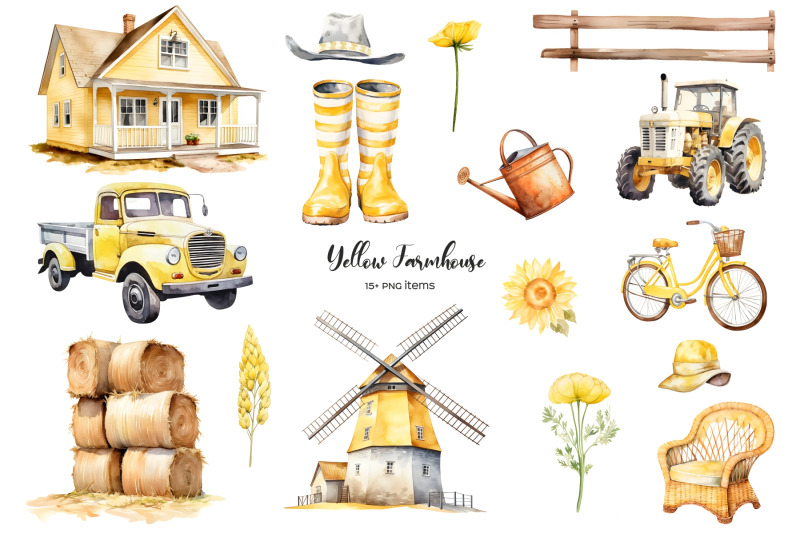 watercolor-yellow-farmhouse-elements-clipart-yellow-village-life