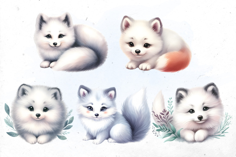 cute-watercolor-arctic-foxes-bundle-png-cliparts