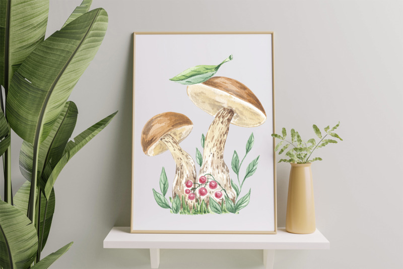 mushrooms-berries-watercolor-sublimation-botanical-illustration-hand