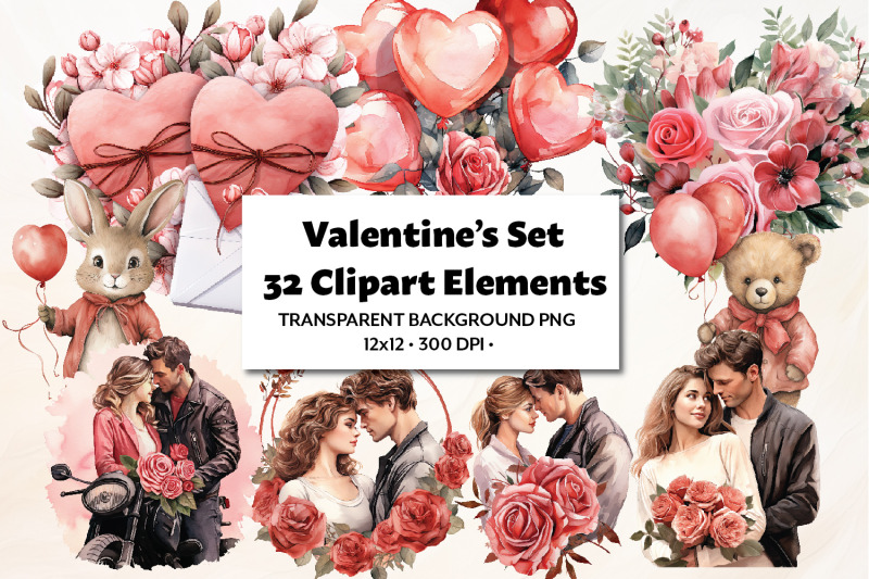 valentine-039-s-set-clipart-32-png-elements-watercolor