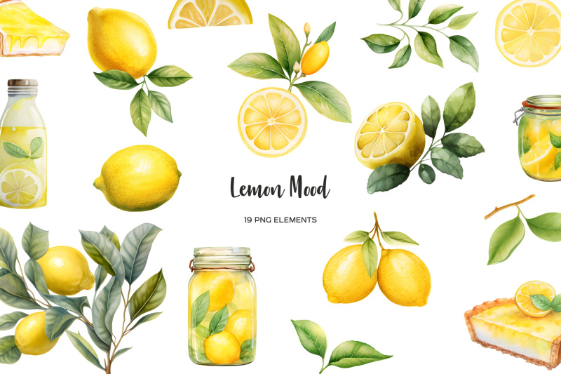 Watercolor lemon clipart. Lemon parts clip art. Lemon branches, leaves ...