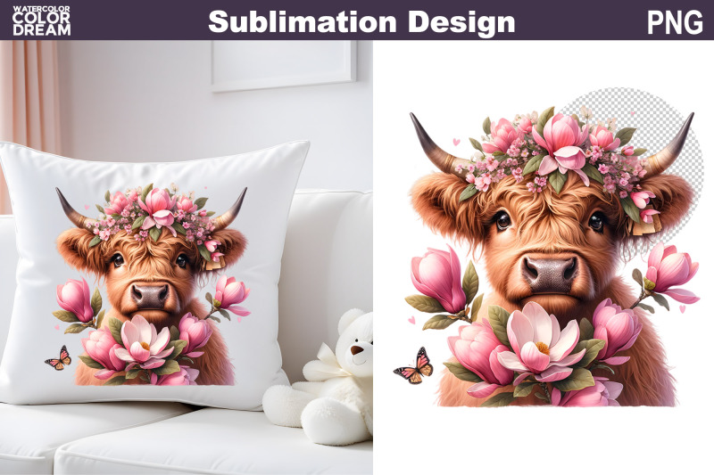 nbsp-highland-cow-flower-sublimation-bundle-cow-floral-clipart