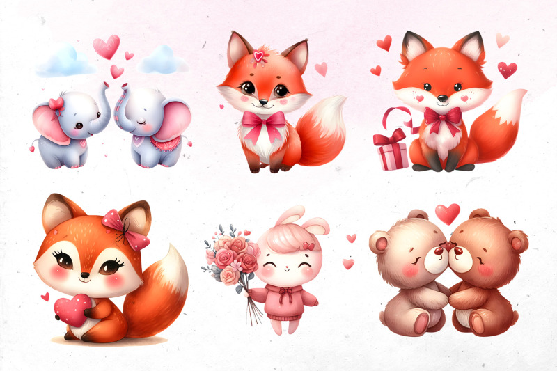 cute-watercolor-valentine-animals-bundle-png-cliparts