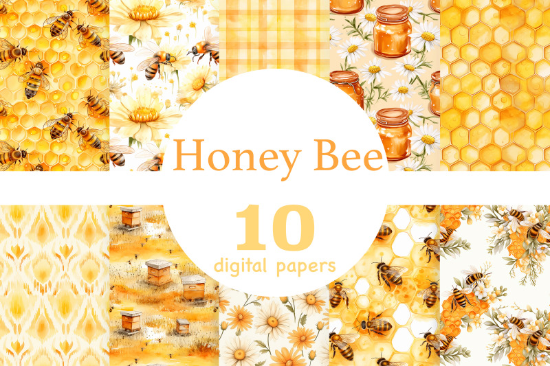 honey-bee-digital-paper-set-bees-pattern