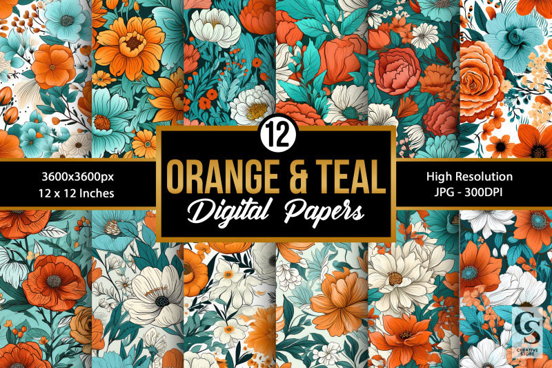 orange-and-teal-flowers-nbsp-digital-papers