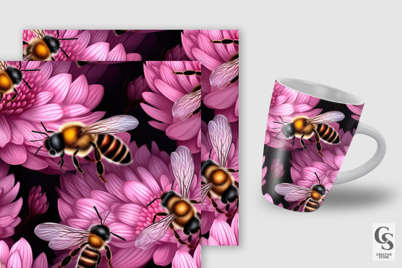 pink-floral-honeybees-seamless-patterns