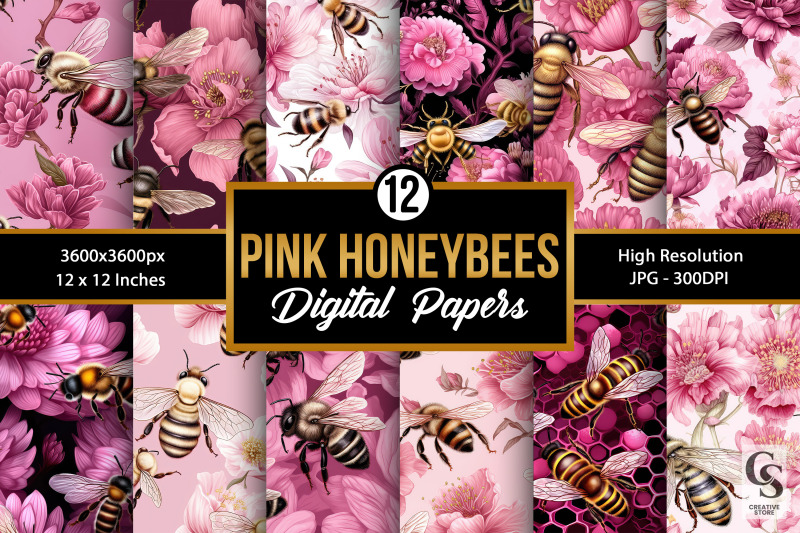 pink-floral-honeybees-seamless-patterns