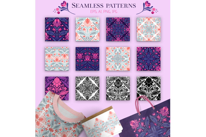 vector-decorative-heart-flowers-patterns-set