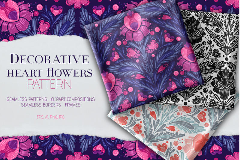 vector-decorative-heart-flowers-patterns-set
