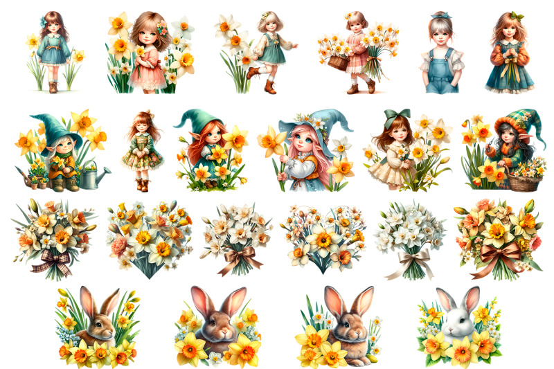easter-girl-and-daffodils-set-clipart