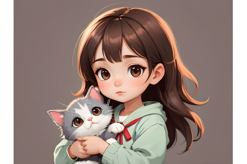 hand-drawn-beautiful-cute-little-princess-girls-with-cat