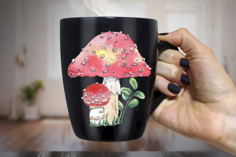 mushrooms-watercolor-fly-agaric-art-leaves