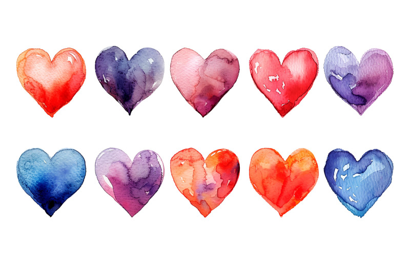 50-watercolor-hearts-set