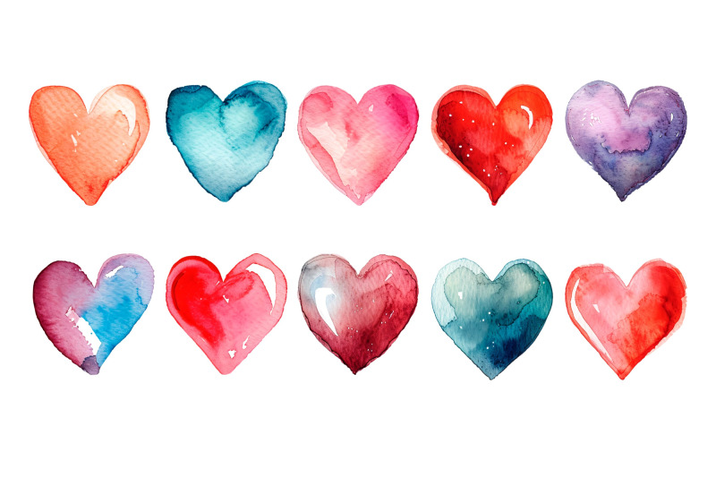 50-watercolor-hearts-set