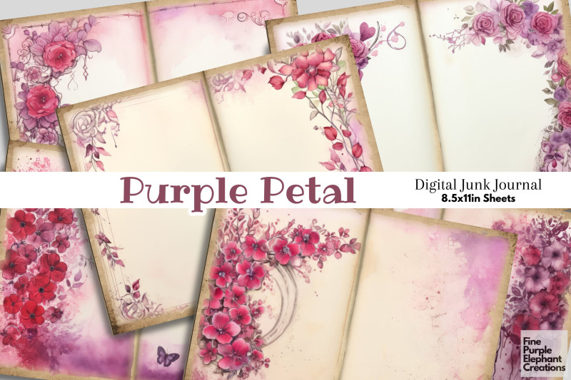 purple-floral-flower-border-digital-junk-journal-double-pages