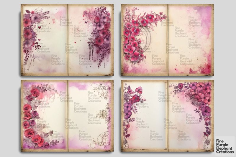 purple-floral-flower-border-digital-junk-journal-double-pages