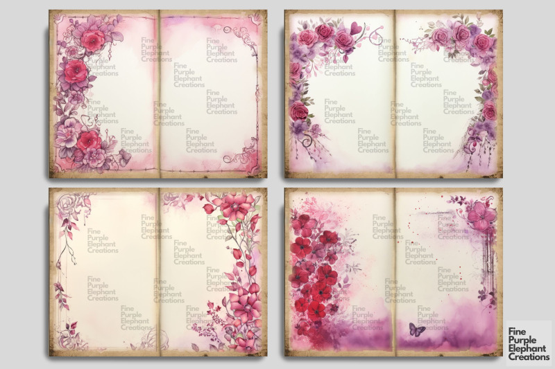 purple-floral-flower-border-digital-junk-journal-double-pages