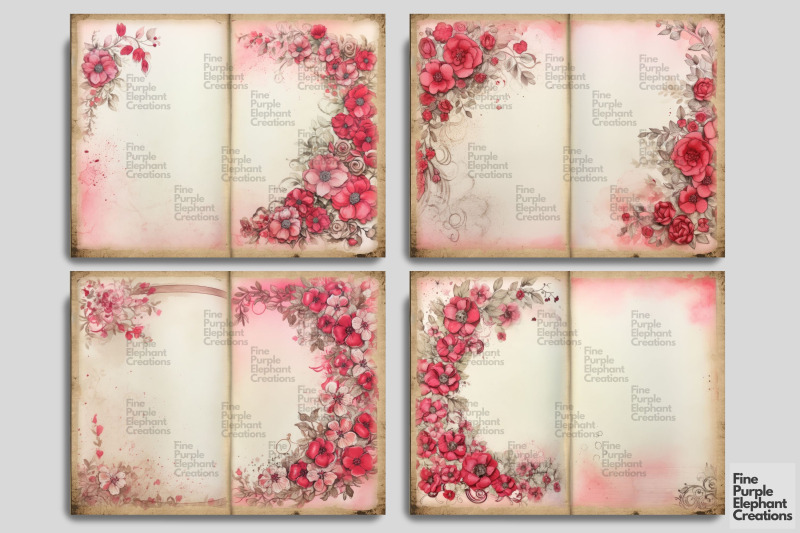 pink-floral-flower-border-digital-junk-journal-double-pages