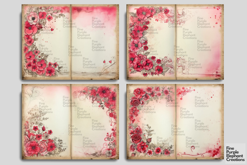 pink-floral-flower-border-digital-junk-journal-double-pages