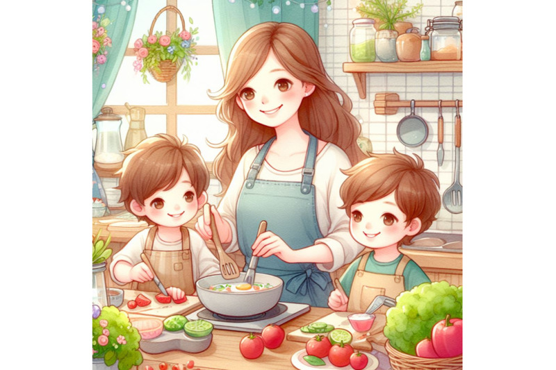 mom-and-children-cooking-in-kitchen