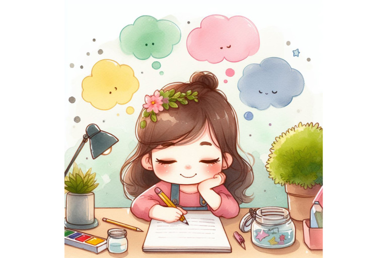 cute-girl-writing-and-thinking-be-happy