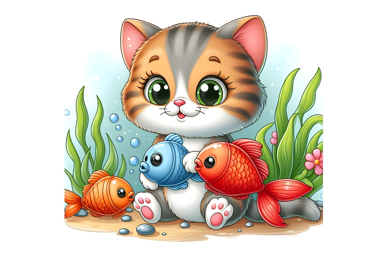 cartoon-little-kitten-with-fish