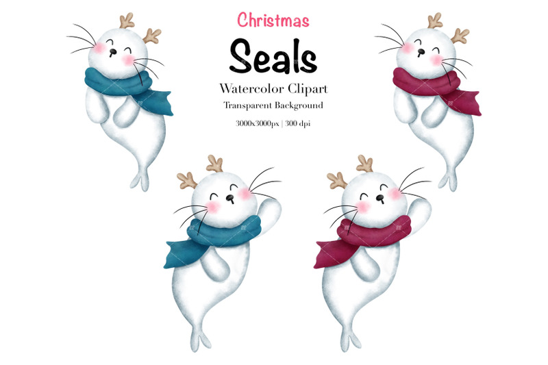 watercolor-christmas-seals-clipart-christmas-animal-clipart