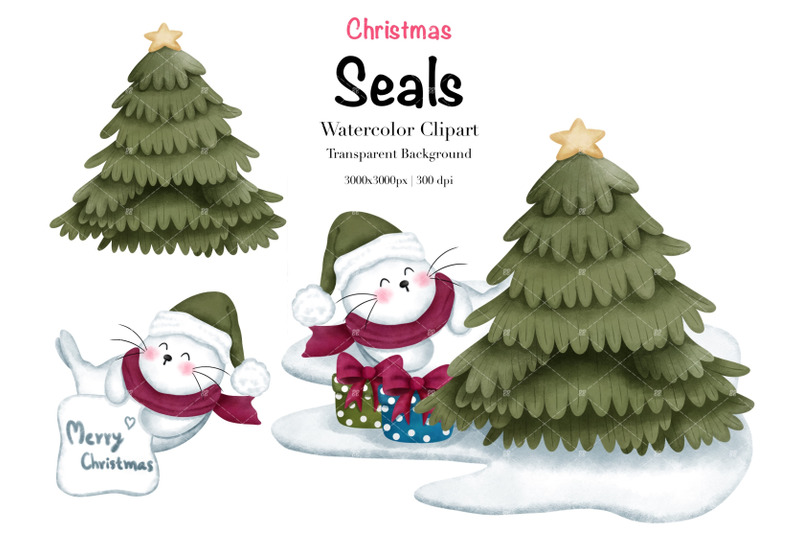 watercolor-christmas-seals-clipart-christmas-animal-clipart