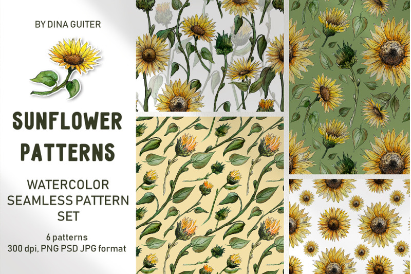 sunflower-seamless-patterns-watercolor-png