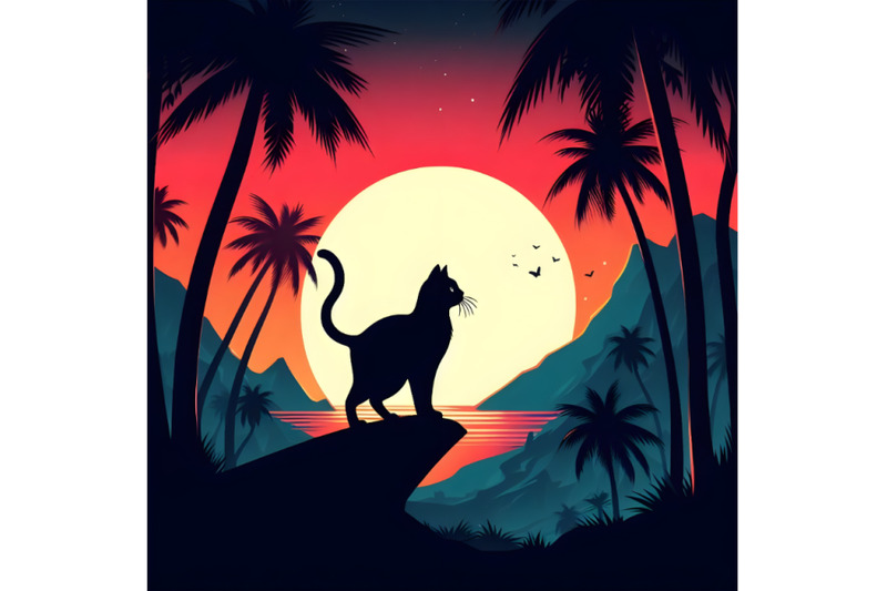 a-black-cat-silhouette-against-sunset-with-palm-trees