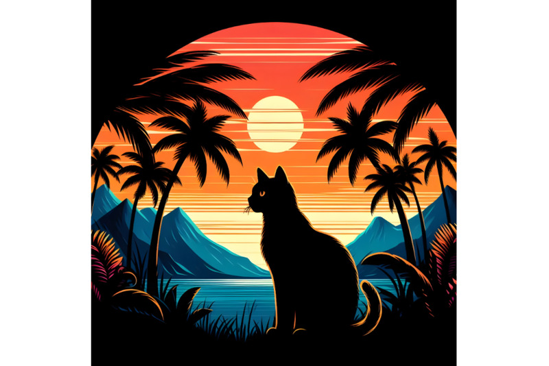 a-black-cat-silhouette-against-sunset-with-palm-trees