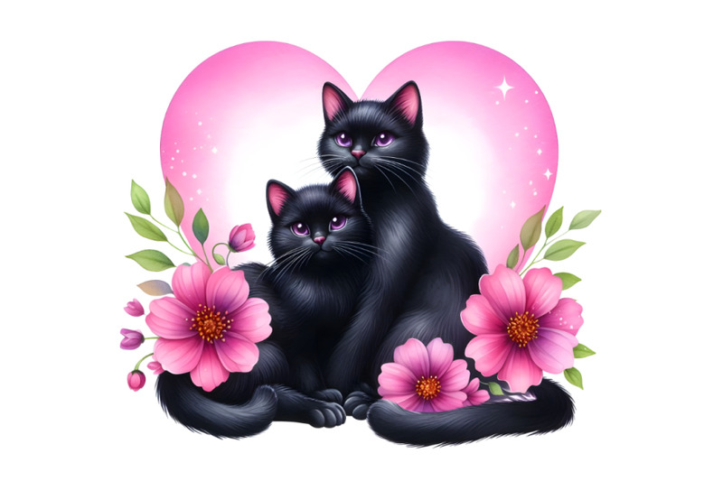 two-black-cats-sitting-next-to-a-heart-shaped-pink-flower